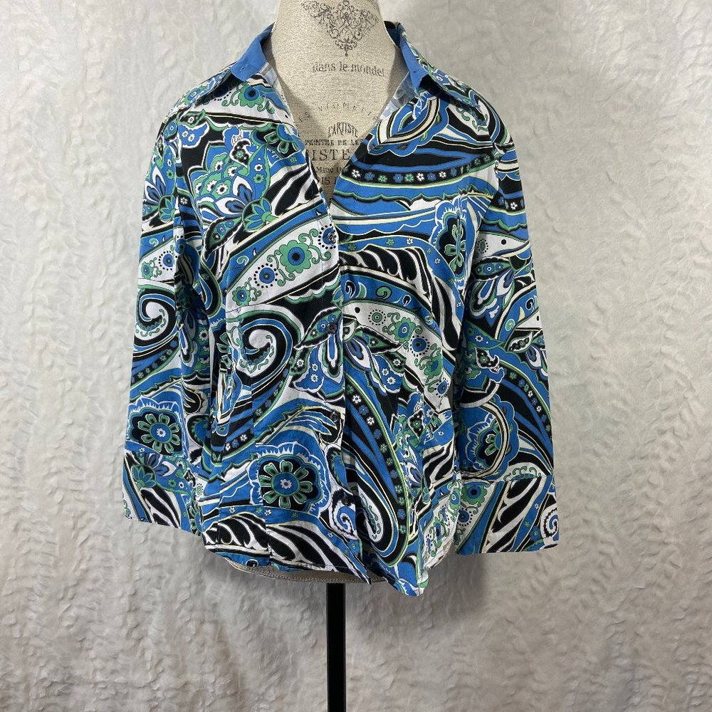 NY & Co Blue Paisley Jacket Blazer Top collared button up stretch